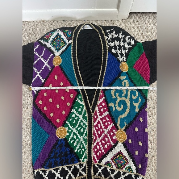 Chaus Black and Purple Cardigan Sweater with Geometric Design - Picture 4 of 7